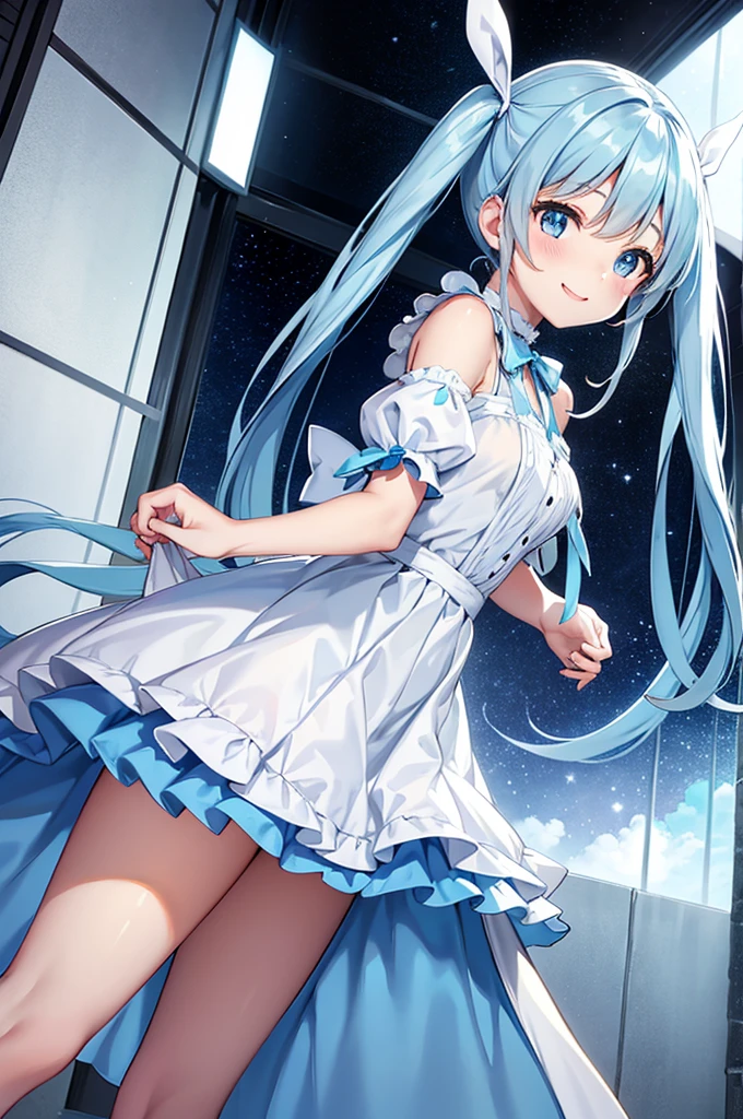 Light blue long hair、Beautiful girl with twin tails、The dress has a cute big ribbon、White Dress、Bright smile、