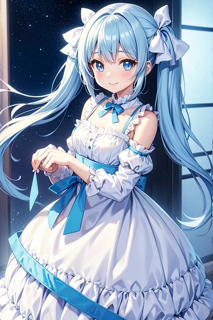 Light blue long hair、Beautiful girl with twin tails、The dress has a cute big ribbon、White Dress、Bright smile、