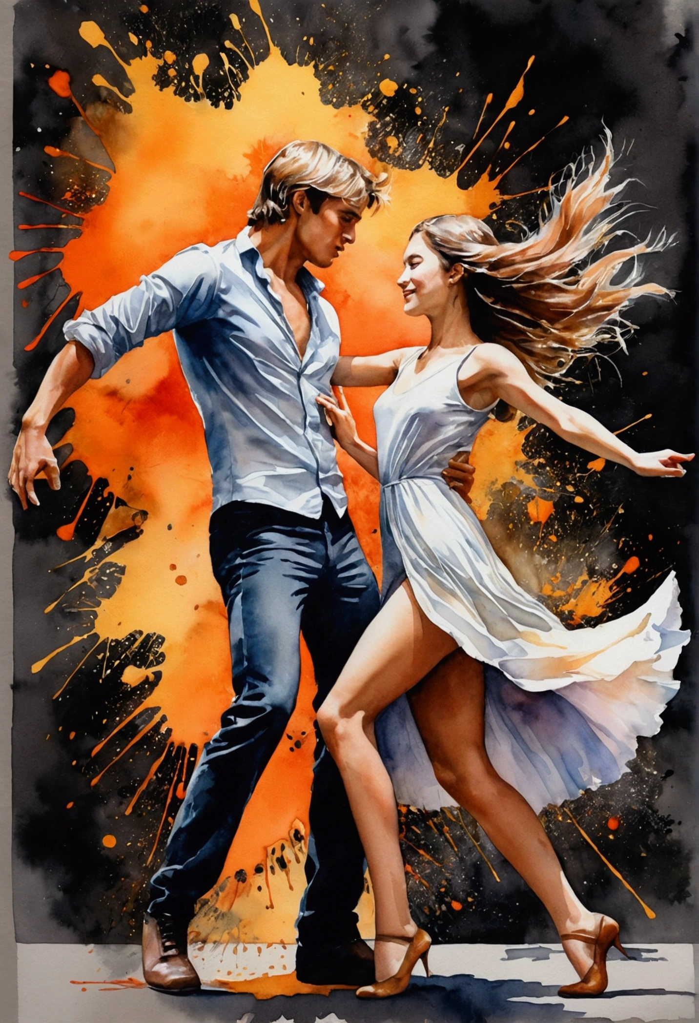 Warm painting with splatter background and spray effect, by Eugeniusz Zak, watercolor art. Europe, a young man and a girl dancing rock and roll on a dark neutral background, by Karoly Lotz, watercolor, watercolor style, detailed watercolor art, by Ruben Tam, digital watercolor painting, watercolor, highly detailed watercolor, watercolor art, Grzegorz Rutkowski