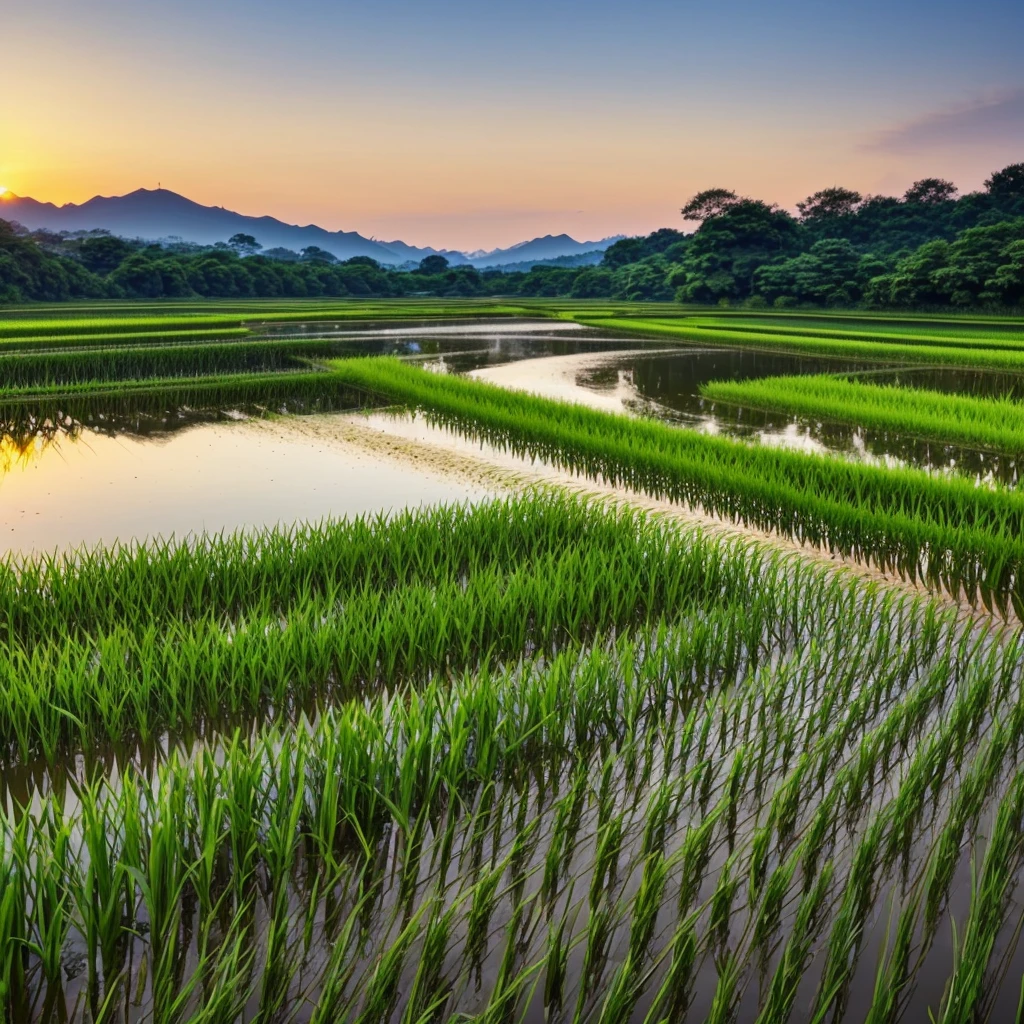 Summer evening、Spreading Blue々Rice fields and a stream running between them。Rice swaying in the wind、Sunset sky。With the sounds of frogs singing and the river babbling,、Relaxing time in nature。