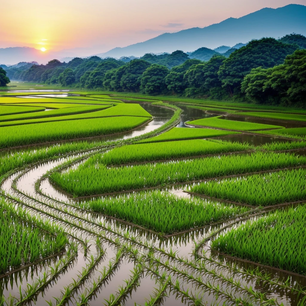 Summer evening、Spreading Blue々Rice fields and a stream running between them。Rice swaying in the wind、Sunset sky。With the sounds of frogs singing and the river babbling,、Relaxing time in nature。