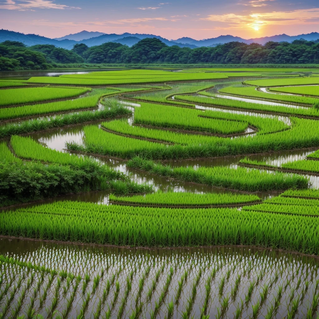 Summer evening、Spreading Blue々Rice fields and a stream running between them。Rice swaying in the wind、Sunset sky。With the sounds of frogs singing and the river babbling,、Relaxing time in nature。