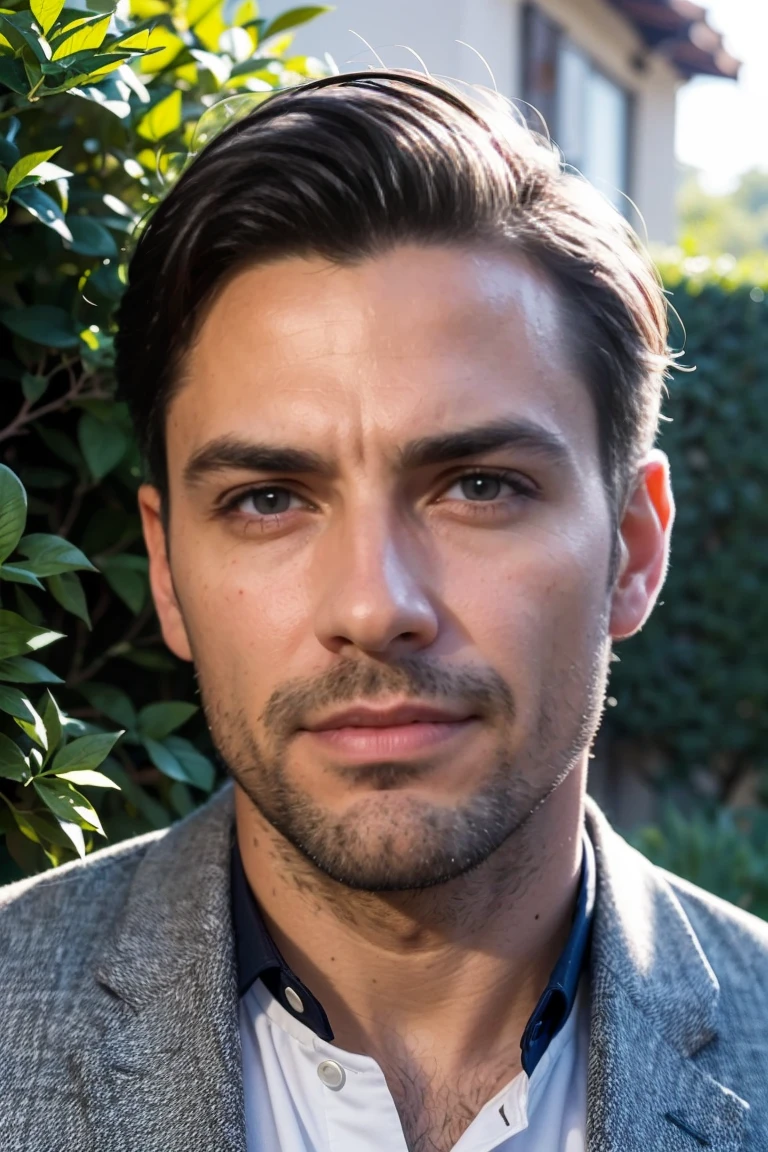 (((face fully illuminated by sunlight, leaving vittorio with a clear face))),(portrait:1.5), Description: 44-year-old man with confident and friendly appearance. He has dark brown hair, slightly wavy and well combed. His eyes are light brown, expressive and convey intelligence and empathy. He has a touch of maturity to his face. Your skin is clear, with a healthy tone. He wears a light blue shirt and a dark gray blazer, conveying a professional and approachable image. The background is a garden, highlighting Vittorio's face and expression. ((generate an image with a clear and expressive face, with eyes that convey intelligence and empathy))(((clear and expressive face, with eyes that convey intelligence and empathy)) ), background garden, morning day, sunlight