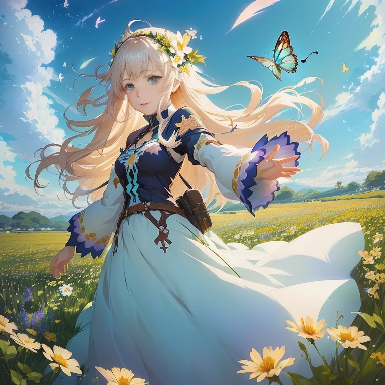 anime girl in a field of flowers with a butterfly flying overhead, cushart krenz key art feminine, beautiful maiden, official art, epic light novel art cover, detailed key anime art, high detailed official artwork, official anime artwork, guweiz on pixiv artstation, anime fantasy illustration, official character art, official artwork, epic light novel cover art