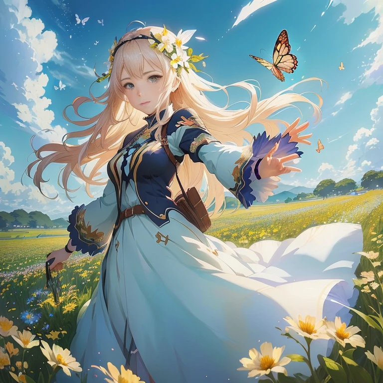 anime girl in a field of flowers with a butterfly flying overhead, cushart krenz key art feminine, beautiful maiden, official art, epic light novel art cover, detailed key anime art, high detailed official artwork, official anime artwork, guweiz on pixiv artstation, anime fantasy illustration, official character art, official artwork, epic light novel cover art