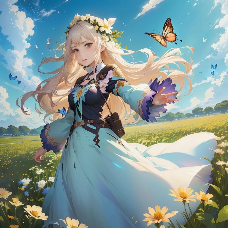 anime girl in a field of flowers with a butterfly flying overhead, cushart krenz key art feminine, beautiful maiden, official art, epic light novel art cover, detailed key anime art, high detailed official artwork, official anime artwork, guweiz on pixiv artstation, anime fantasy illustration, official character art, official artwork, epic light novel cover art