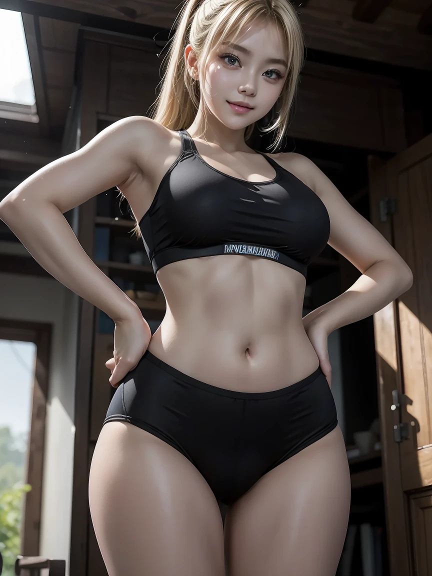 16K、masterpiece、High resolution、((18-year-old female))、Very large breasts、(((thin, A skin-tight black sports bra))、((黒くthinスポーツレギンス))、Captivating look、smile、((Please put your hands on your hips))、Angle from below、((focus on the crotch))、Camel Toe、ponytail、Blonde