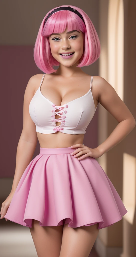 (((girl 14 years old))) ,sexly Mädchen rosa miniskirt und Spitzenstrümpfe, ((Stephanie from lazy town)) ,happy face,, Lip Gloss、smiling face、(((Full-length portrait)))、( BH(pink))、( mini skirt(pink))、((colorful short hair(pink))), good quality, Realist, Highly detailed 8k unified CG wallpaper, Very detailed, professional photography, cinematic light, Beautifully detailed, Super Detail, high detailed, Depth of field, lightning, Neonstraße, Super stylish lighting ,sexly, (curvy), (deep cleavage),(is),