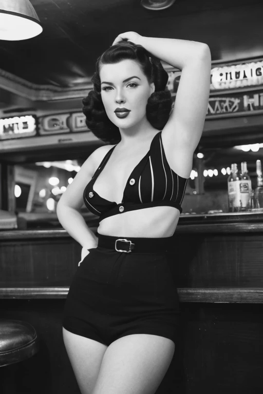 Impressive wartime pin-up girl images, Dressed in retro costumes, Pose gracefully in a nostalgic 1940s bar. Black and white images add a vintage feel to the scene, Capturing the essence of iconic pin-up art and vintage aesthetics of the time.