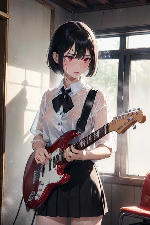 (((NSFW)))、((Masterpiece, Highest quality、Super detailed, Attention to detail))、Tabletop、girl、((high school girl、Black Hair、Short Hair、Slit eyes、Red Eyes、eight-headed body、Model-like style、Slender、School uniforms))、(White Shirt、Black Skirt、Black knee-high socks、Black Loafers)、Silver earringultiple silver accessories、Silver Ring、Silver Ring、bandギャル、(Red electric guitar)、((Underground live house、band、dim、Standing and playing guitar))、No underwear、(((Sweating a lot、Sweat dripping、Sweat vapor)))、((hot、Sweaty smell、Clothes get wet、See-through))