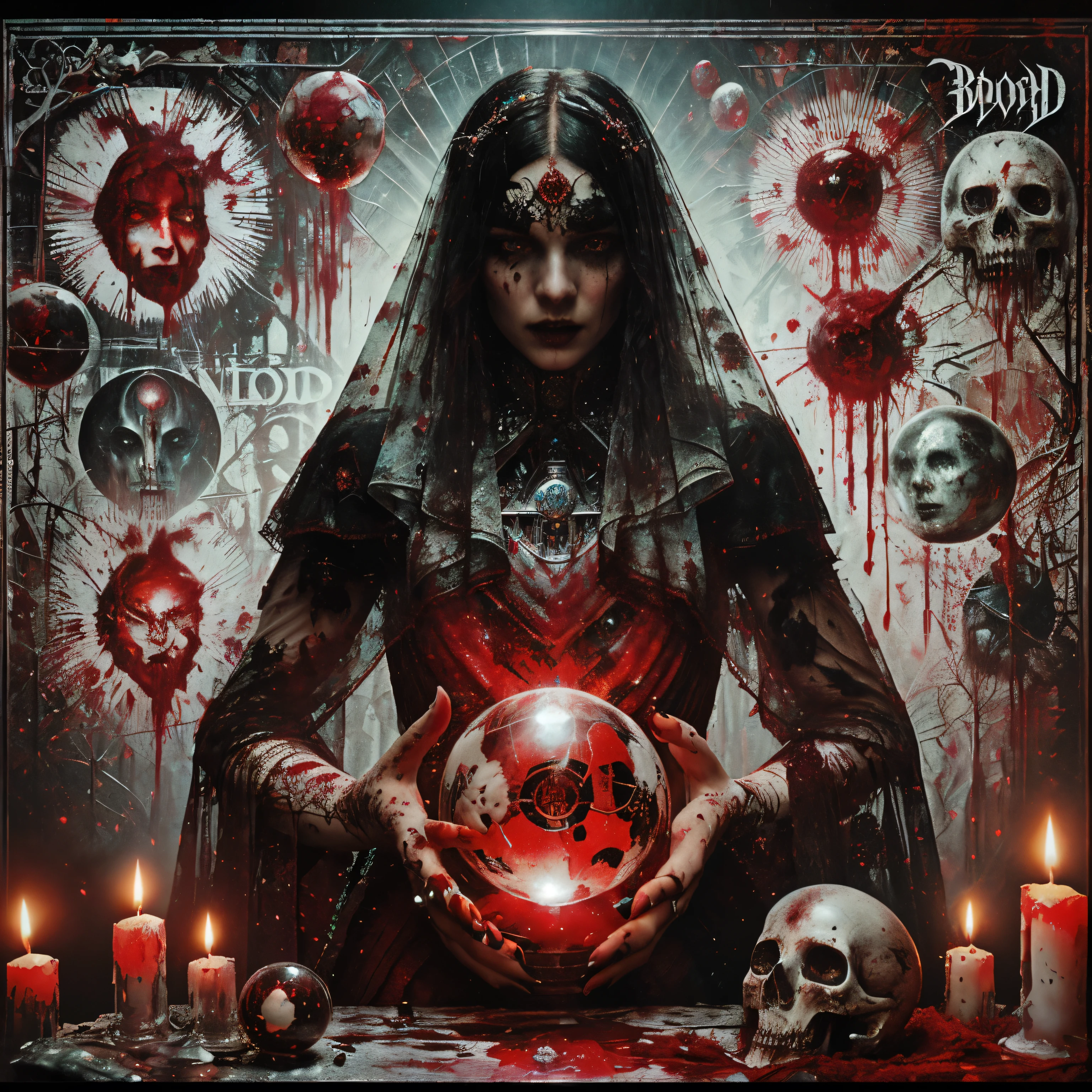 A closeup of a poster with a woman holding a crystal ball, Detailed cover, Stylish horror artwork, [[blood]], esoteric dark fantasy, y mumford tom bagshaw, official work, metal album cover, detailed horror artwork in 4k, cd cover, detailed 3d gothic oil painting, bloodlust