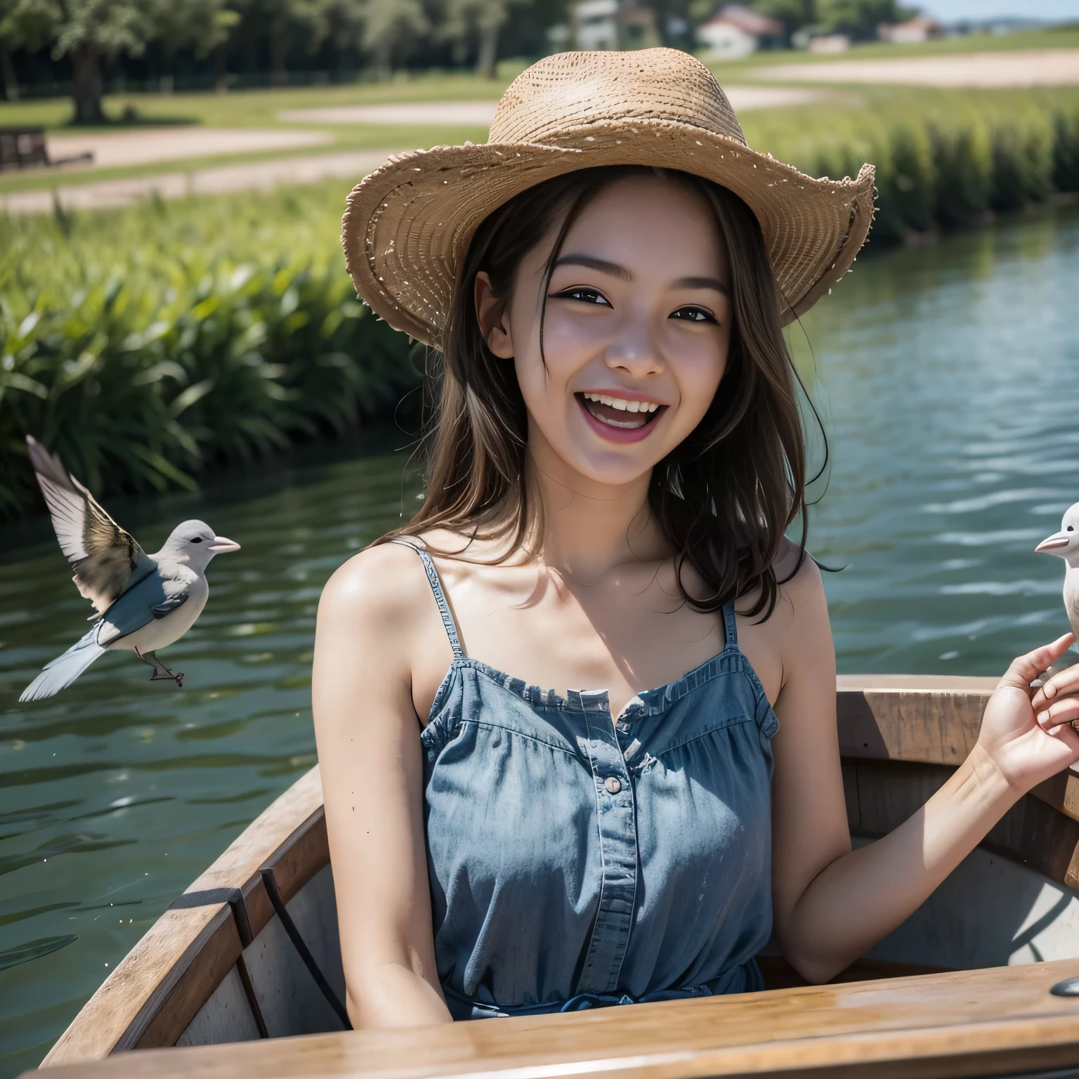 best quality, realistic, boat, 1girl, laugh , (birds on the boat)