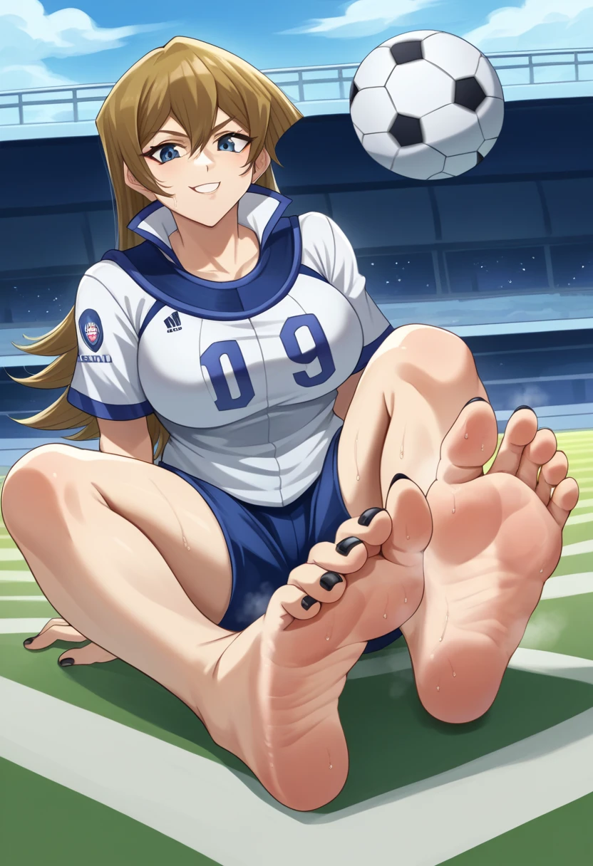 score_9, score_8_up, score_7_up, score_6_up, score_5_up, score_4_up, BREAK source_anime, 1girl, blonde hair, football pitch, football pitch made by acrylic glass, transparent footballpitch , futuristic stadium, in space, space station, in the sky there are planets and spaceships, blue and white soccer jersey, futuristic scene, sitting on ground, showing her feet, soles, feet focus, Looking at Viewer, sole, Barefoot soles、poneyTail、Smelly、5 toes、Sole Focus、Open your toes、Bare legged、bare-legged, Close-up of the soles of the feet，Exposing the soles of the feet, , 2 inch long black toenails, toenails like squareshaped claws, talons, black talons, focus on extra long black toenails, black nail polish, extra long black square toenails, sweaty soles, smirks, nsfw, mature