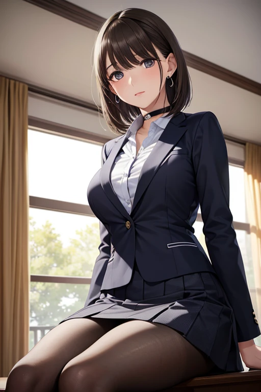 Detailed face to, Very detailedな目,


((Highest quality)), ((masterpiece)), (Very detailed), (Very high resolution), ((Realistic)), 8k, Perfect line drawing, Beautiful line art,
Anime 2D Rendering, (The best CG), Ultra-detailed art, 
One Girl:1.5, 

High quality and ultra-realistic female images, Woman in office room, White wall, Grey table, plant, window, セクシーポーズのmasterpiece))), ((Highest quality)), ((Complex)), ((Surreal)), Stupid reply, Mature Woman, Mature Woman, perspective, Very detailed, shape, 1 girl,, Perfect hands, Finger details, Beautiful and beautiful eyes, short hair, Brown eyes, chief executive officer（chief executive officer（chief executive officer（CEO）, (suit:1.2), Open Office Shirt, Tight Skirt, Black choker, Earrings, stockings, Detailed Background, Bedroom, Perfect Eyes, Captivating eyes, Looking at the audience, From below