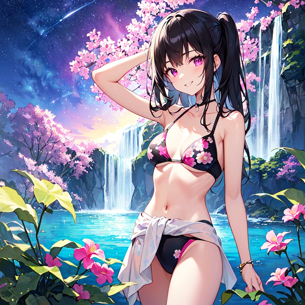 masterpiece, best quality, high quality, extremely detailed, very delicate and beautiful, (1 female 18 years old solo:1.5), (long black hair up to waist with two side up:1.5), bangs to eyebrows, eyes (eyes sharp, strong, glossy, glossy eyebrows), (eye color magenta:1.3), 6.5 head height, (bikini swimsuit summer flower print:1.3), ruffled, (smiling), (standing:1.3), (dynamic pose), (background waterfall forest:1.3) ,(Milky Way ht Sky:1.3), (upper body:1.3)