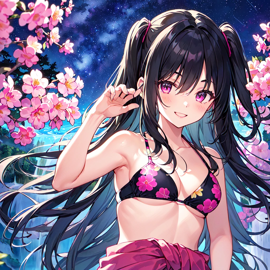 masterpiece, best quality, high quality, extremely detailed, very delicate and beautiful, (1 female 18 years old solo:1.5), (long black hair up to waist with two side up:1.5), bangs to eyebrows, eyes (eyes sharp, strong, glossy, glossy eyebrows), (eye color magenta:1.3), 6.5 head height, (bikini swimsuit summer flower print:1.3), ruffled, (smiling), (standing:1.3), (dynamic pose), (background waterfall forest:1.3) ,(Milky Way Night Sky:1.3), (upper body:1.3)