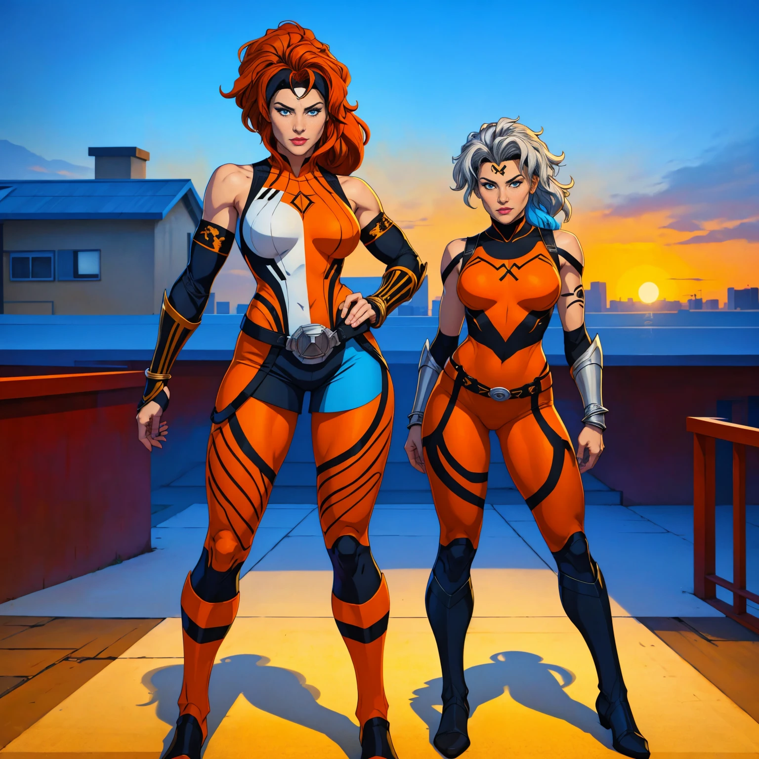 ((Full body photo, standing, feet on the floor)) (best quality,4k,8k,highres,masterpiece:1.2),ultra-detailed,(realistic,photorealistic,photo-realistic:1.37),full body shot,Rogue,X-Men,yellow thigh high boots,beauty pose, standing tall, show feet, outside, city rooftop at night, green headband, with Ponytail, Light Blue Eyes, Round Glasses with a Slightly Dark Lens with this Lens being Orange, and the Light Blue Color frame, ((Black Metallic Gauntlets and Greaves with Orange and Silver Highlights)), (((The Clothes Have a Mix of Modern and Tribal))), (((The Clothes Have a Mix of Modern and Tribal))), having mostly the color black, but having parts in orange, shoulders exposed, at the hip a shorts that extend to half of the thigh of black color.