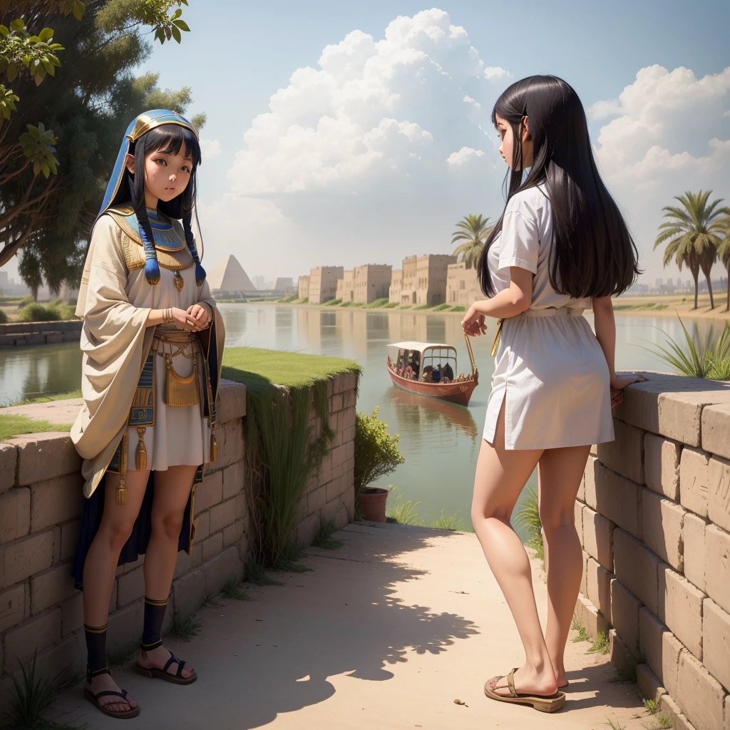 かわいいAncient Egyptの15歳の女の子、Ancient Egypt、On the banks of the Nile、A colorful view of the whole city、whole body、Low - Angle、Standing posture、Reeds are growing、Solar Ship