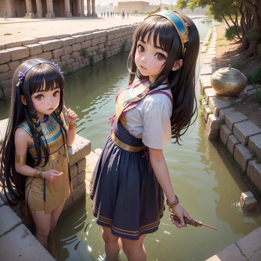 かわいいAncient Egyptの15歳の女の子、Ancient Egypt、On the banks of the Nile、A colorful view of the whole city、whole body、Low - Angle、Standing posture、Reeds are growing、Solar Ship