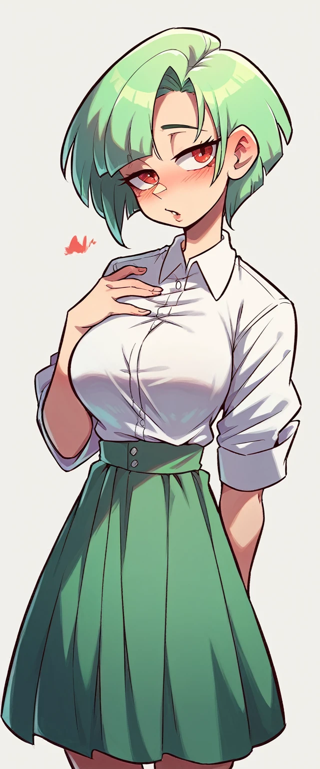 a tall girl big breast beautiful sensual beauty light green hair short cut her red eye dresses green top under long white shirt and a long green skirt cute dress