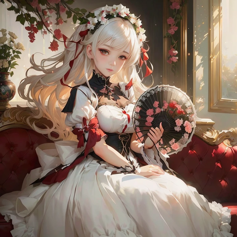 anime girl in white dress sitting on red couch holding a fan,  in dress, portrait of lolita, cushart krenz key art feminine, cute anime waifu in a nice dress, guweiz on pixiv artstation, splash art anime , guweiz on artstation pixiv, zerochan art, official artwork, guweiz