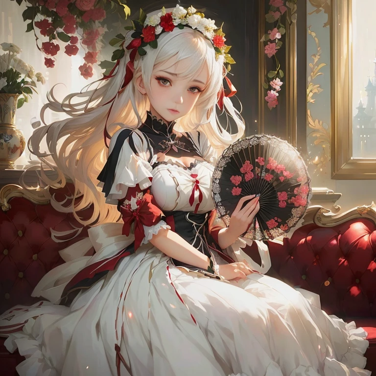 anime girl in white dress sitting on red couch holding a fan,  in dress, portrait of lolita, cushart krenz key art feminine, cute anime waifu in a nice dress, guweiz on pixiv artstation, splash art anime , guweiz on artstation pixiv, zerochan art, official artwork, guweiz