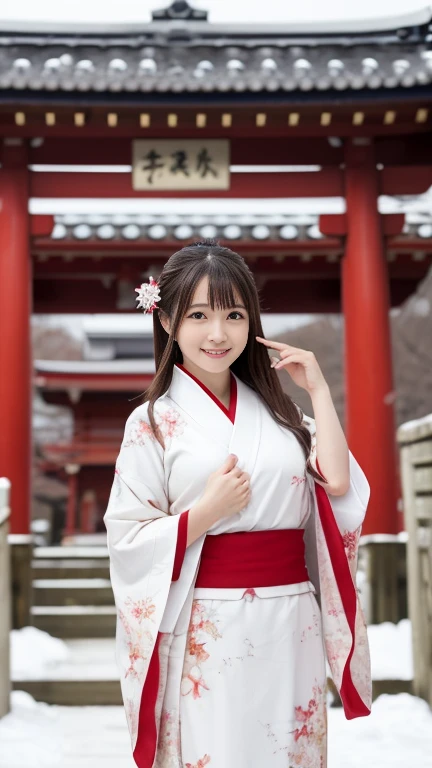 shrine、Sunny winter weather、The leaves wither and fall、Snow Scene、Snow covered plants、Japanese Clothing、Plain white kimono、The skirt part is red、Shrine maiden、Standing in front of the torii gate with the shrine behind、 Sakimi-chan,, Nice and cute, An innocent smile, , nice smile, sakimi-chan hdri、 Big Breasts、,(The Great Depression is about to burst:1.20),(beautiful Big Breasts 1:1)、Brown Hair、Brown Hairの髪、Beautiful Eyes、 With short bob