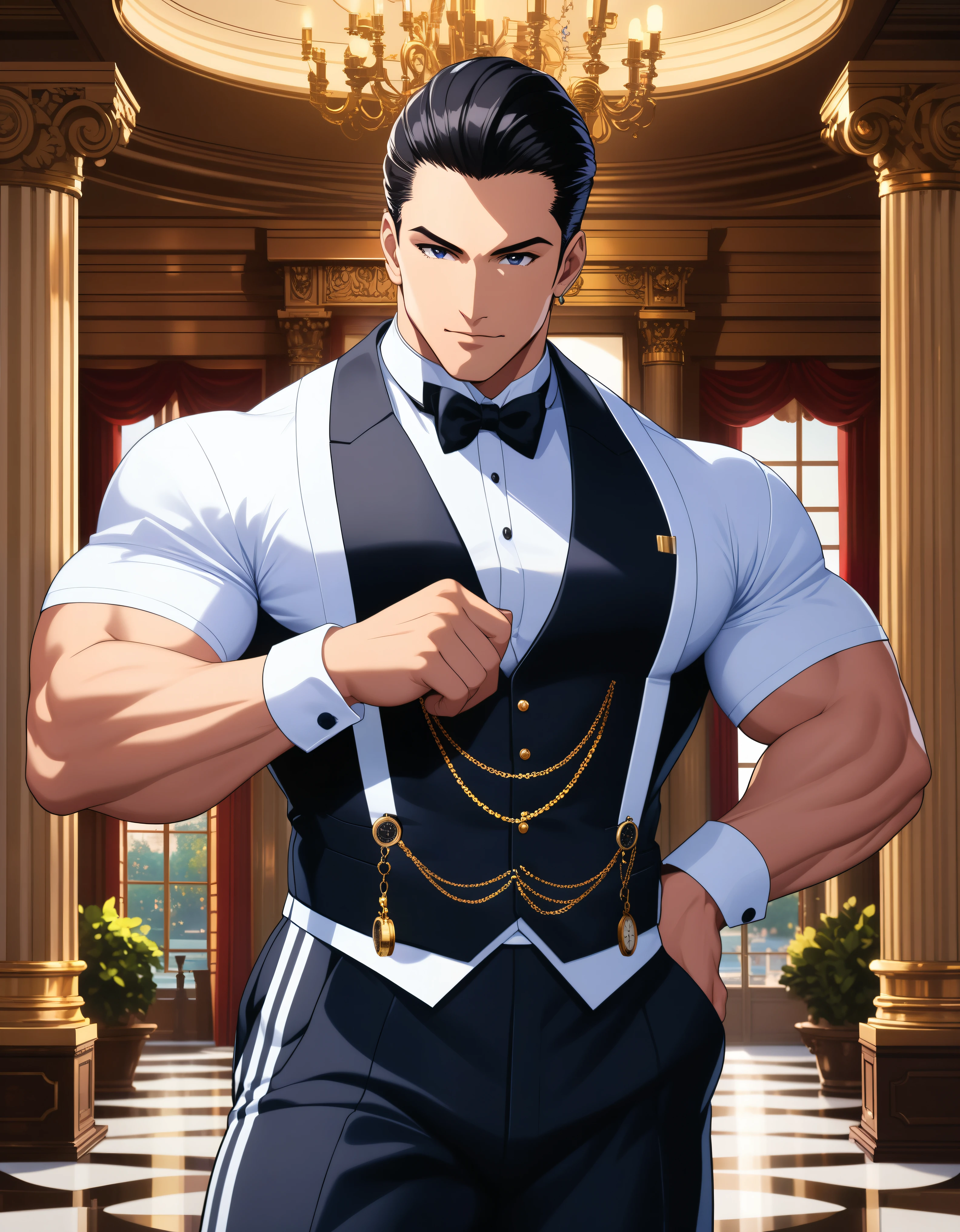 HD, Wallpaper Quality, uber quality, detailed eyes, detailed hair, detailed face, detailed hands, standing, random standing pose, Bigger Build, power lifter Build, Male, man in a butlers outfit, Tuxedo, Slicked back Hair, Black Hair, (((White stripe in hair))), pocket watch, Mansion Background, White floors, Columns, 