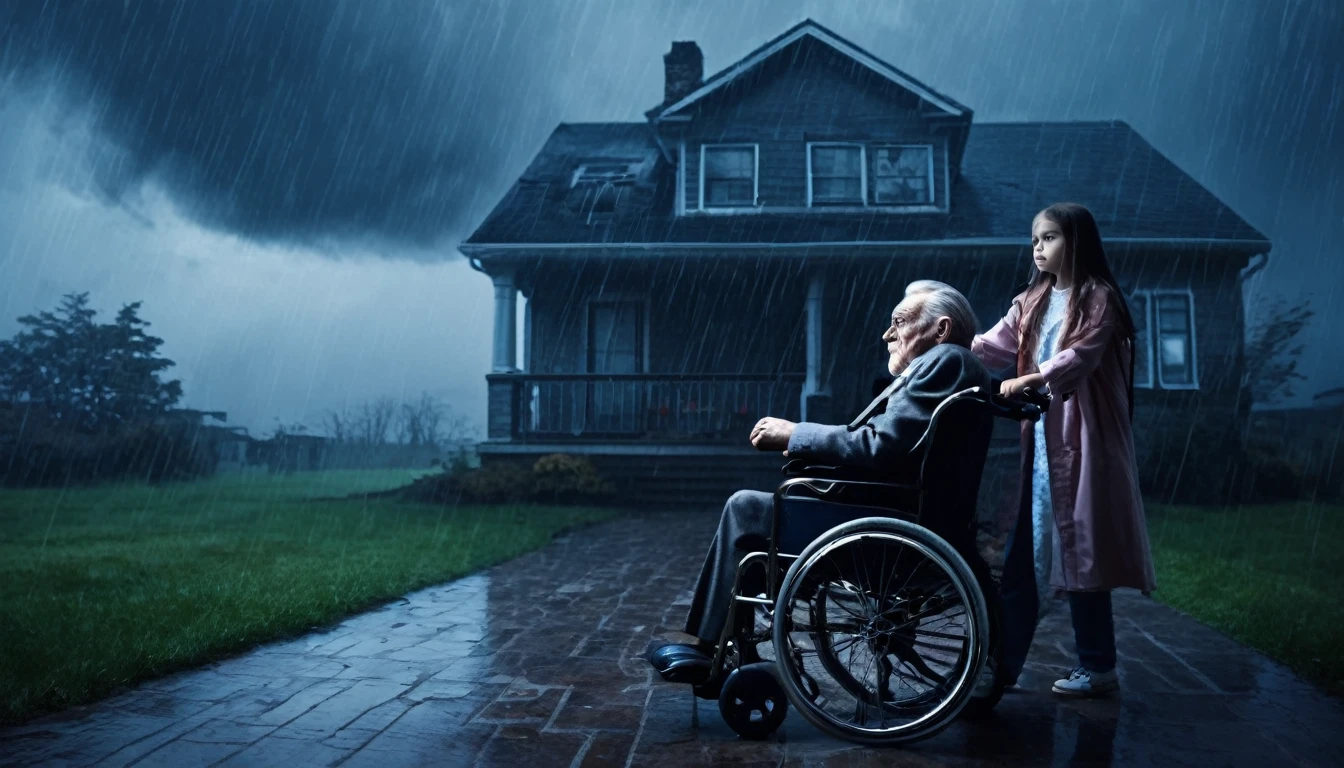 Evil looking old gentleman in wheelchair guided by his daughter in his beautiful house, gloomy, and scary weather