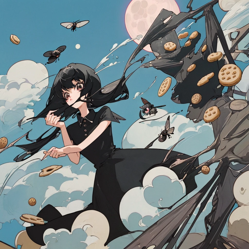 Top Quality flies to the moon is cookies flies with her girlfriend black hair black dress kawaii