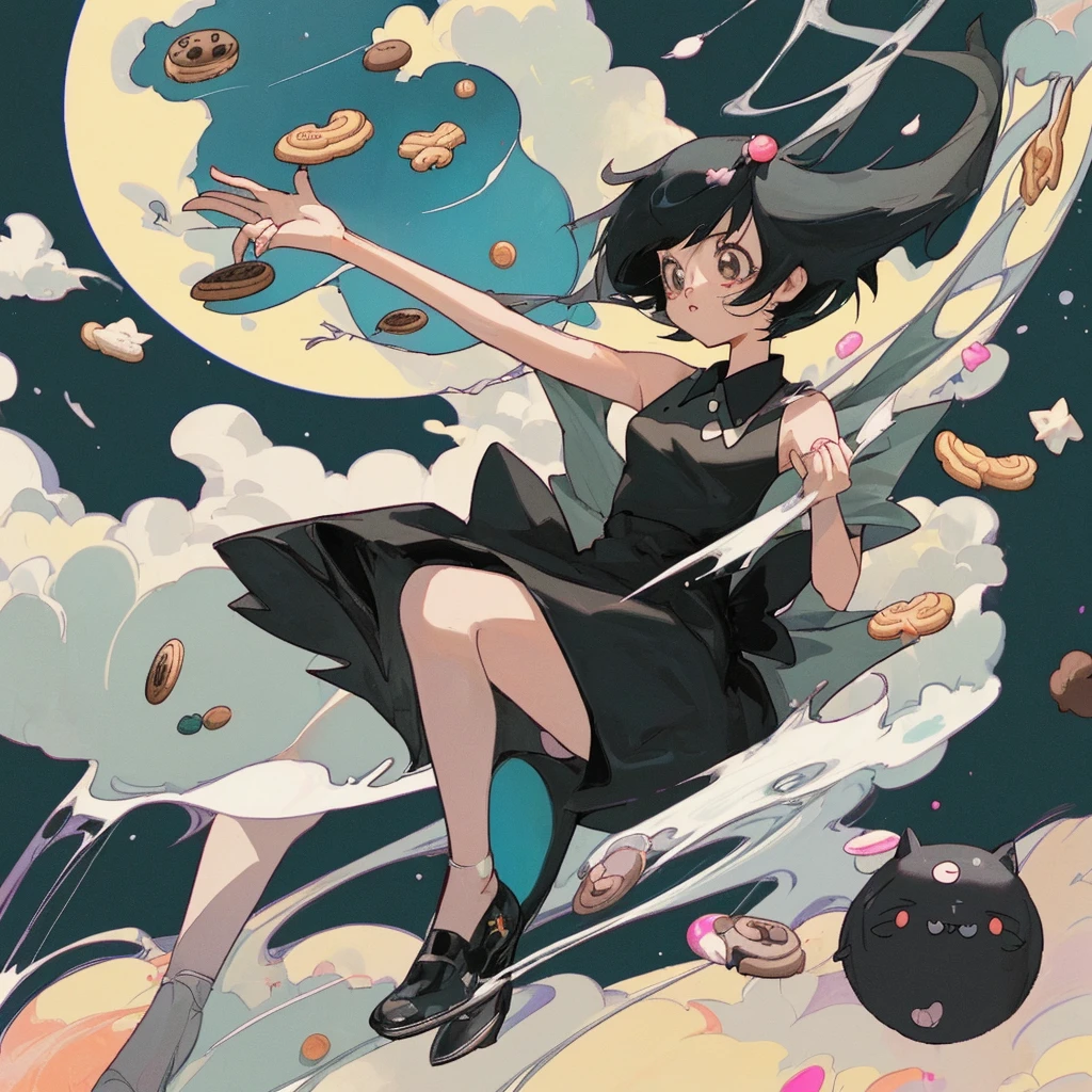 Top Quality flies to the moon is cookies flies with her girlfriend black hair black dress kawaii