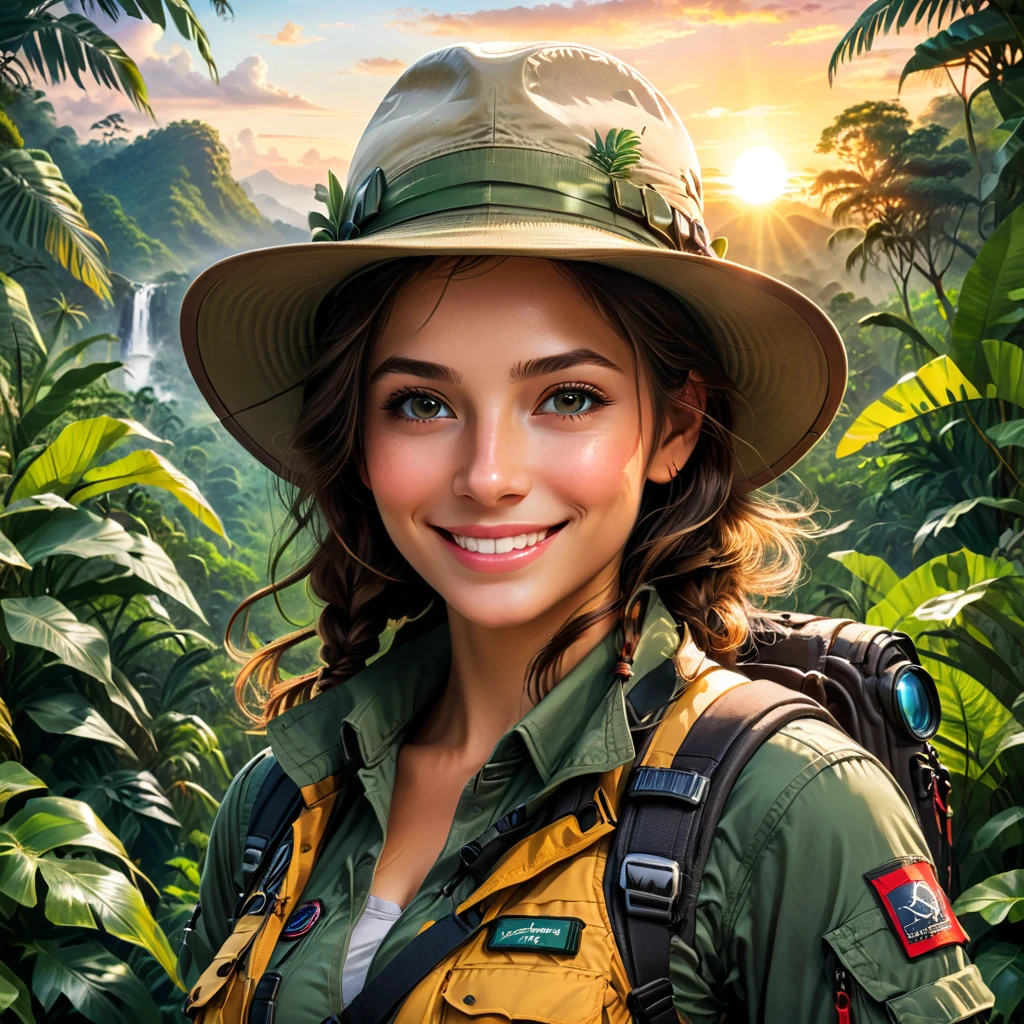 a female Explorer in expedition gear,detailed gorgeous eyes,smile,hat,perfect ,jungle,sunset,(8k,masterpiece,best quality,professional,Perfect composition,very aesthetic,Extremely detailed,Intricate details:1.3)