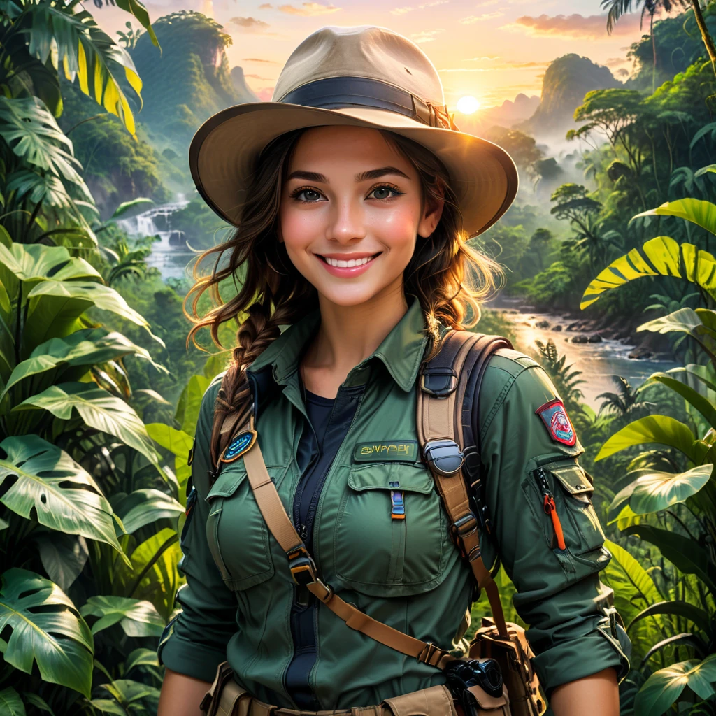 a female Explorer in expedition gear,detailed gorgeous eyes,smile,hat,perfect ,jungle,sunset,(8k,masterpiece,best quality,professional,Perfect composition,very aesthetic,Extremely detailed,Intricate details:1.3)