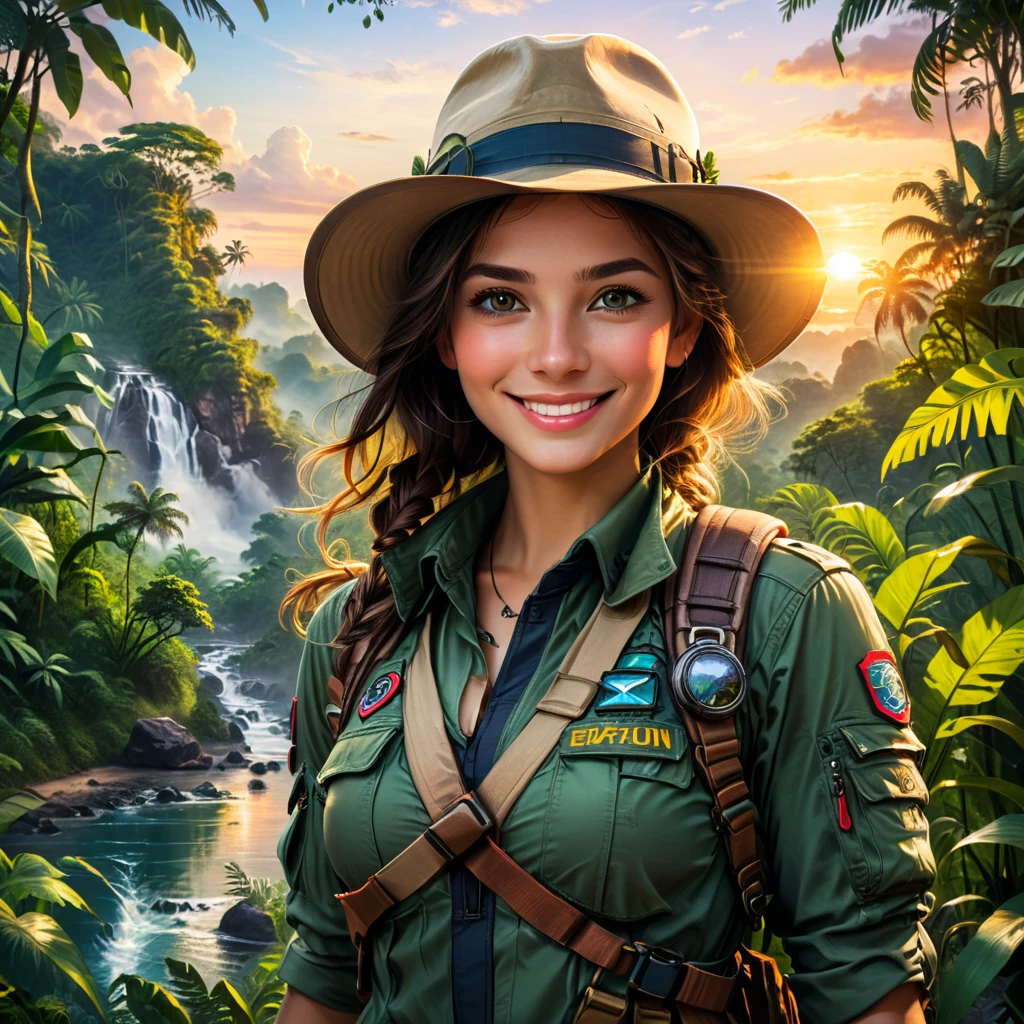 a female Explorer in expedition gear,detailed gorgeous eyes,smile,hat,perfect ,jungle,sunset,(8k,masterpiece,best quality,professional,Perfect composition,very aesthetic,Extremely detailed,Intricate details:1.3)