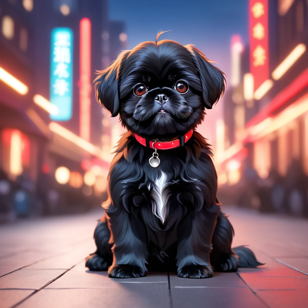 cute black black shih tzu puppies, glowing, wearing red collars, blurred city background, cute numbers, 3D rendering, bright lights, vivid colors,