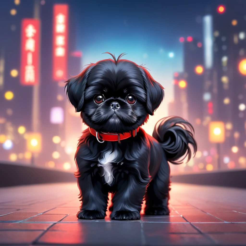 cute black black shih tzu puppies, glowing, wearing red collars, blurred city background, cute numbers, 3D rendering, bright lights, vivid colors,