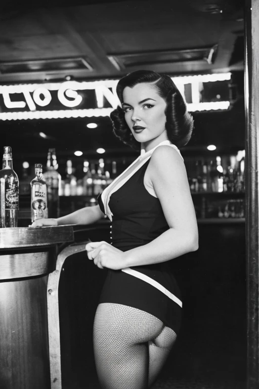 Impressive wartime pin-up girl images, Dressed in retro costumes, Pose gracefully in a nostalgic 1940s bar. Black and white images add a vintage feel to the scene, Capturing the essence of iconic pin-up art and vintage aesthetics of the time.