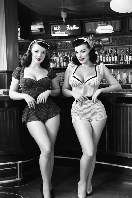 Impressive wartime pin-up girl images, Dressed in retro costumes, Pose gracefully in a nostalgic 1940s bar. Black and white images add a vintage feel to the scene, Capturing the essence of iconic pin-up art and vintage aesthetics of the time.