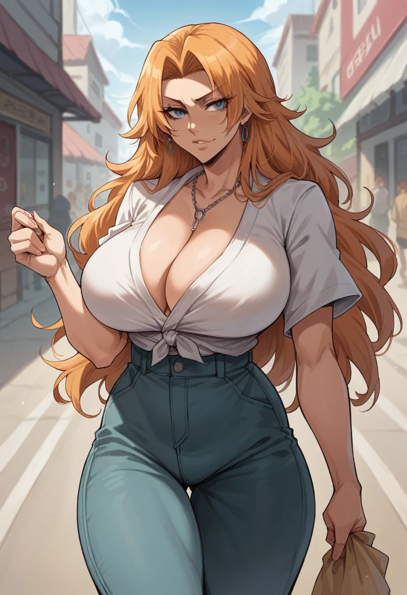 Rangiku Matsumoto from Bleach, big breasts, on the street, light and shadow details, 8K Image Quality