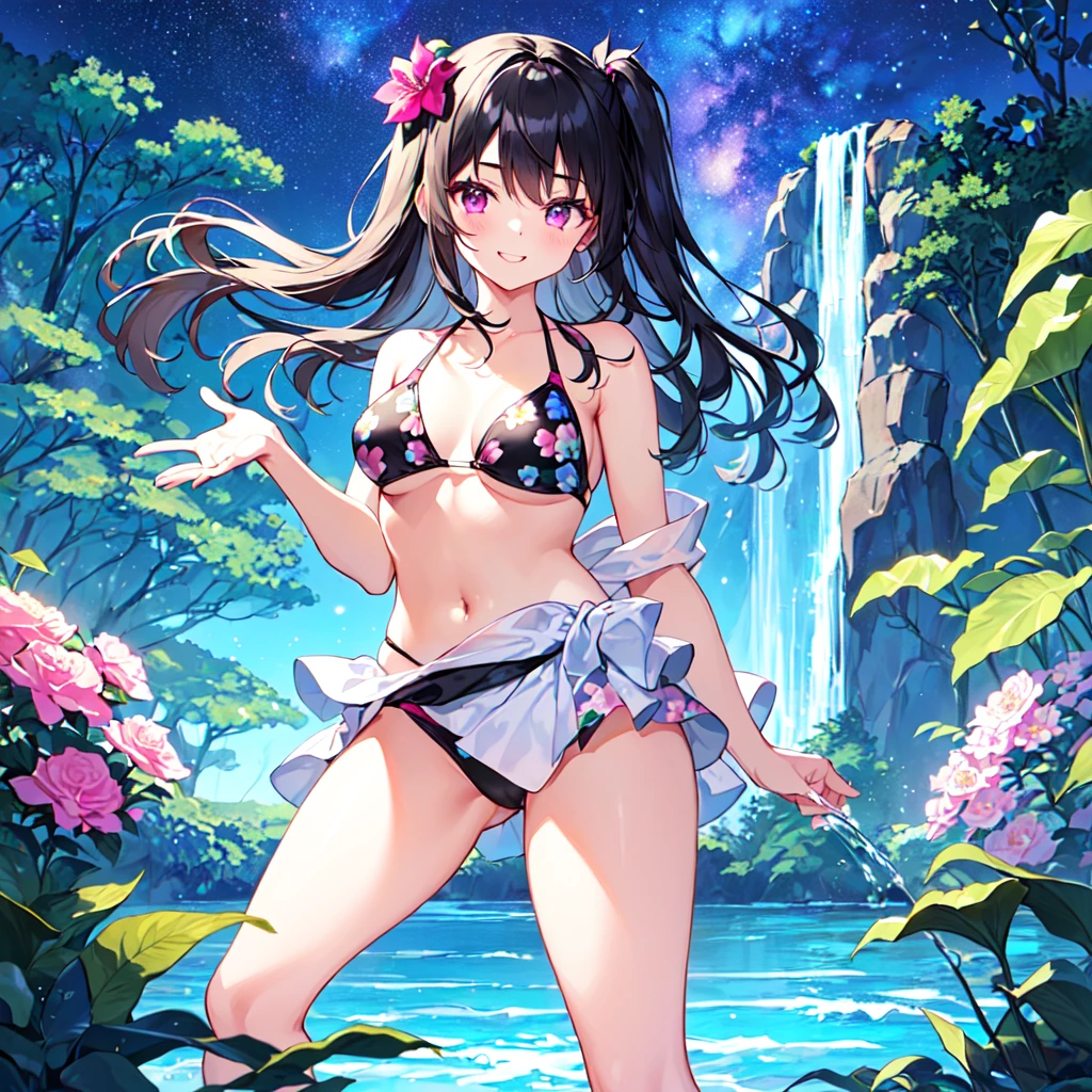 masterpiece, best quality, high quality, extremely detailed, very delicate and beautiful, (1 female 18 years old solo:1.5), (long black hair up to waist with two side up:1.5), bangs to eyebrows, eyes (eyes sharp, strong, glossy, glossy eyebrows), (eye color magenta:1.3), 6.5 head height, (bikini swimsuit summer flower print:1.3), ruffled, (smiling), (standing:1.3), (dynamic pose), (background waterfall forest:1.3) ,(Milky Way Night Sky:1.3)