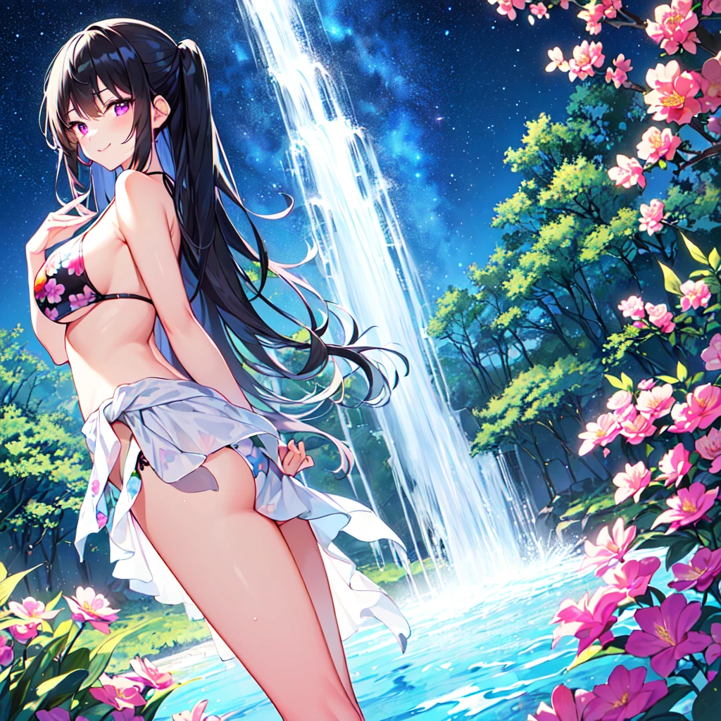 masterpiece, best quality, high quality, extremely detailed, very delicate and beautiful, (1 female 18 years old solo:1.5), (long black hair up to waist with two side up:1.5), bangs to eyebrows, eyes (eyes sharp, strong, glossy, glossy eyebrows), (eye color magenta:1.3), 6.5 head height, (bikini swimsuit summer flower print:1.3), ruffled, (smiling), (standing:1.3), (dynamic pose), (background waterfall forest:1.3) ,(Milky Way Night Sky:1.3)