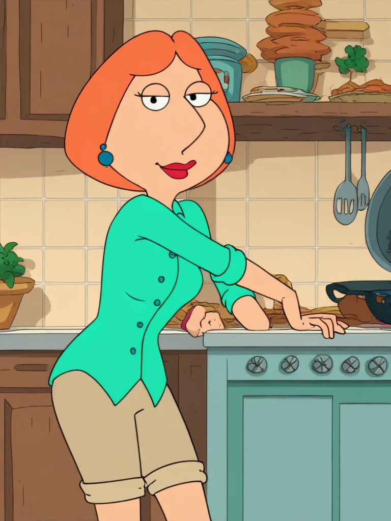 ,score_9, score_8_up,,lois, 1girl, blue earrings, jewelry, short hair, solo, lipstick, makeup, orange hair, aqua shirt, beige shorts, breasts, flat color, smile,looking at viewer,kitchen, leaning against wall,