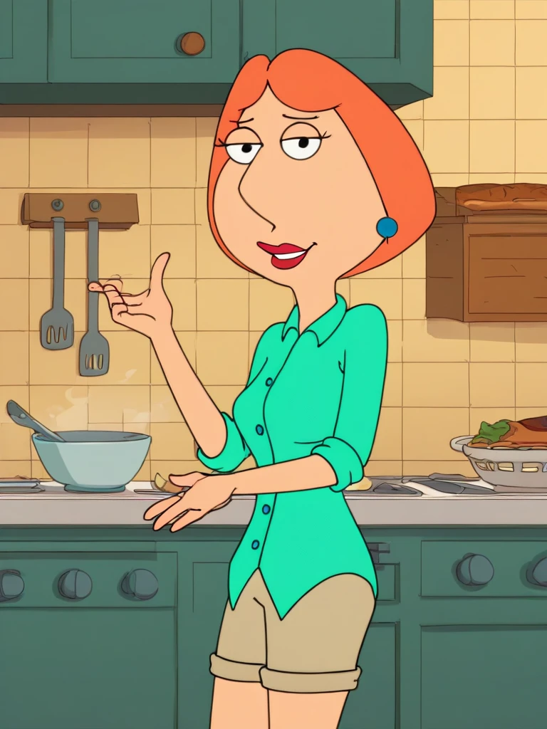 ,score_9, score_8_up,,lois, 1girl, blue earrings, jewelry, short hair, solo, lipstick, makeup, orange hair, aqua shirt, beige shorts, breasts, flat color, smile,looking at viewer,kitchen, leaning against wall,