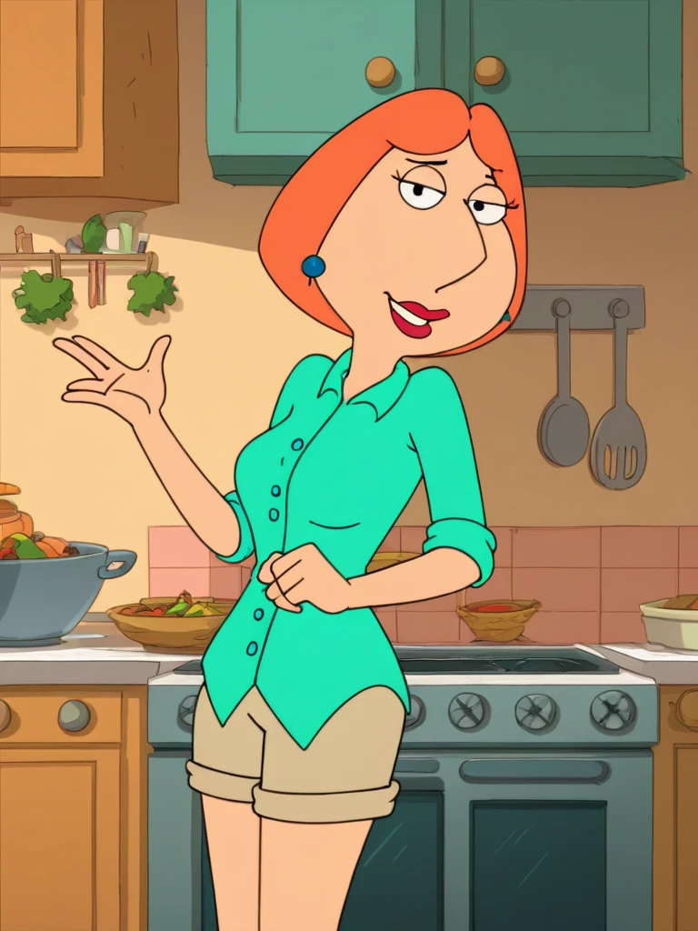 ,score_9, score_8_up,,lois, 1girl, blue earrings, jewelry, short hair, solo, lipstick, makeup, orange hair, aqua shirt, beige shorts, breasts, flat color, smile,looking at viewer,kitchen, leaning against wall,    