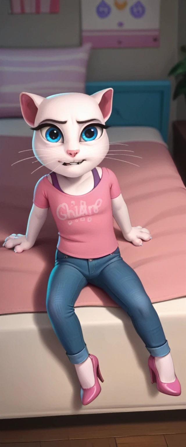solo focus, a_la, 1girl, cat, white fur, long whiskers on both sides of the face, big bright blue eyes, big black eyelashes, pink nose, triangular ears with pink channels, high heels.jeans. 1 girl and 1 boy human. side view. in bed. The man lies on the floor with his legs closed. Woman sits on man, anal scream, lying at home, looking back, big penis, 1 rapes guy and girl. Score_9, Score_8_up, Score_7_