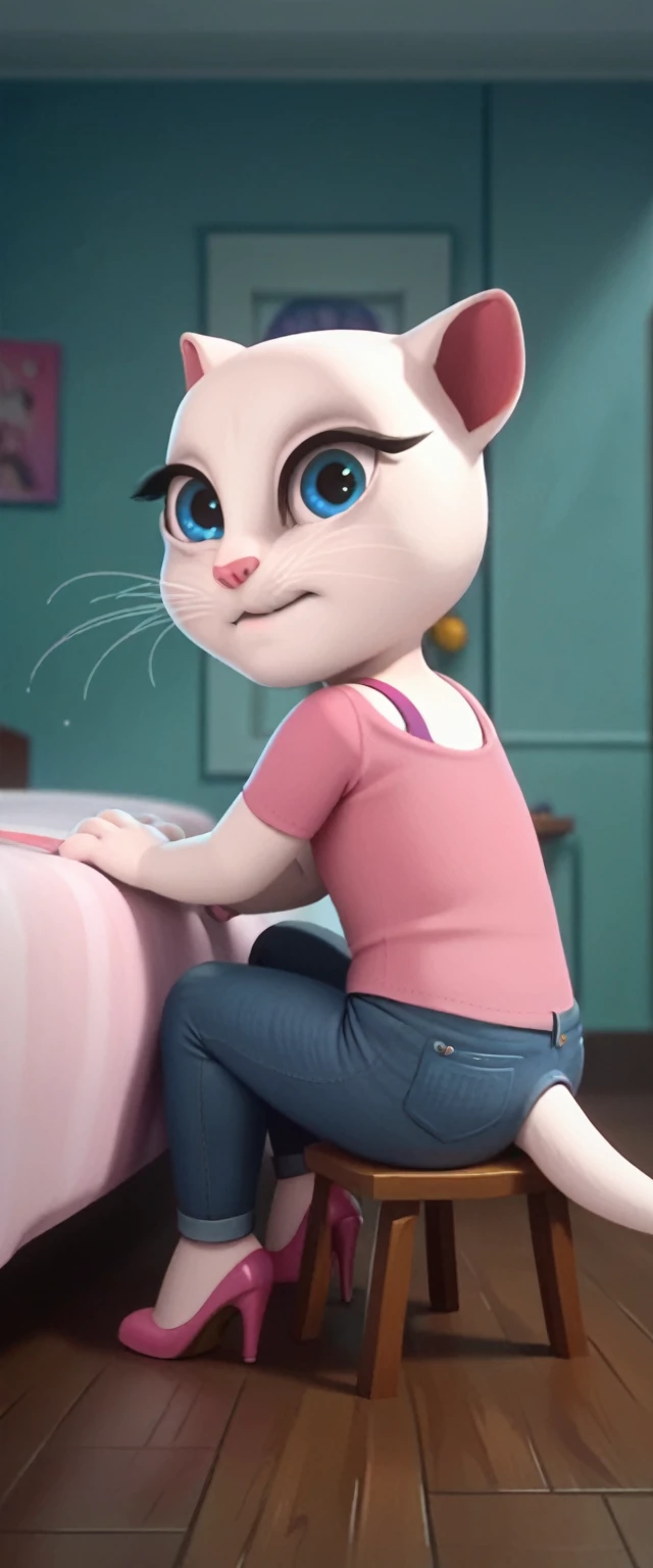 solo focus, a_la, 1girl, cat, white fur, long whiskers on both sides of the face, big bright blue eyes, big black eyelashes, pink nose, triangular ears with pink channels, high heels.jeans. 1 girl and 1 boy human. side view. in bed. The man lies on the floor with his legs closed. Woman sits on man, anal scream, lying at home, looking back, big penis, 1 rapes guy and girl. Score_9, Score_8_up, Score_7_