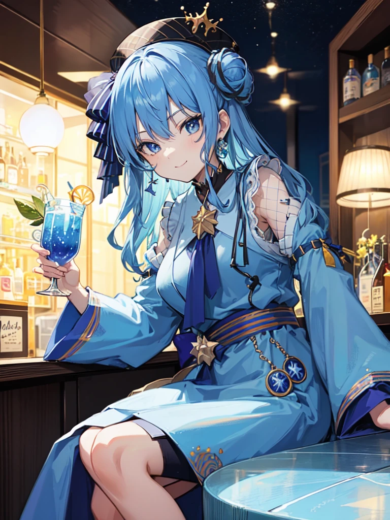 Close-up of Blue Fizz cocktail art displayed on a bar counter illuminated at night, High quality waifu movie anime with avant-garde fashion style, A droopy-eyed Japanese idol girl is smiling while holding a cocktail glass. Shaker on the counter. Blue Refraction
