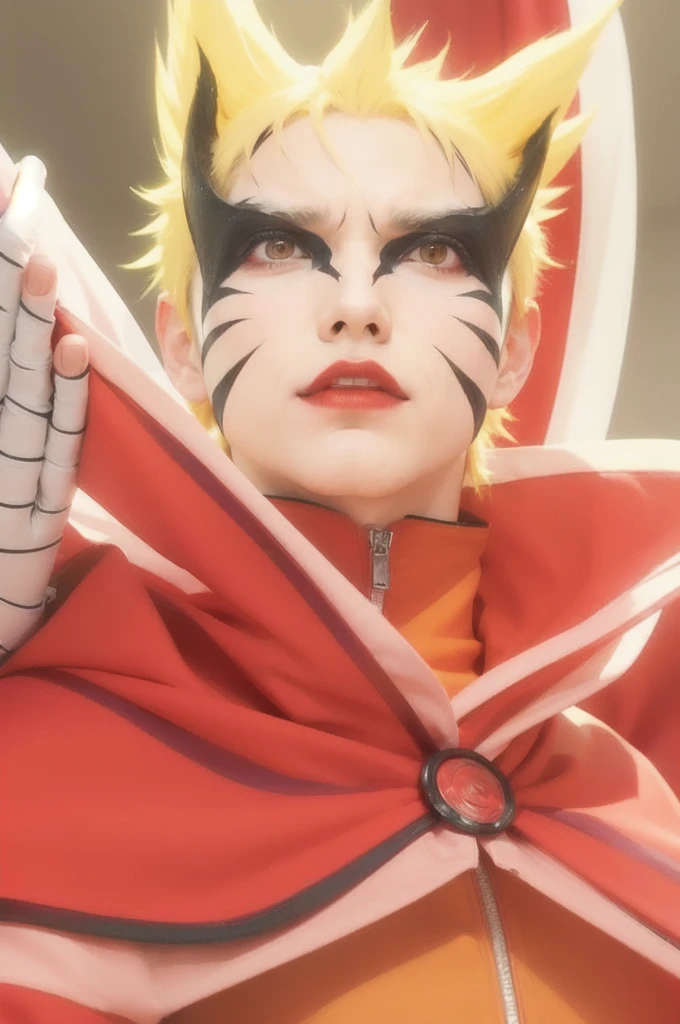 a close up of a person with a red cape and a red cape, joker as naruto, naruto uzumaki, from naruto, naruto from naruto, naruto artstyle, joker looks like naruto, nine tails, realistic closeup, naruto, naruto, uzumaki, tiger iris eyes, black makeup around the eyes, naruto god mode, hands in front of shoulders, hands covered in white bandages, realistic clothes