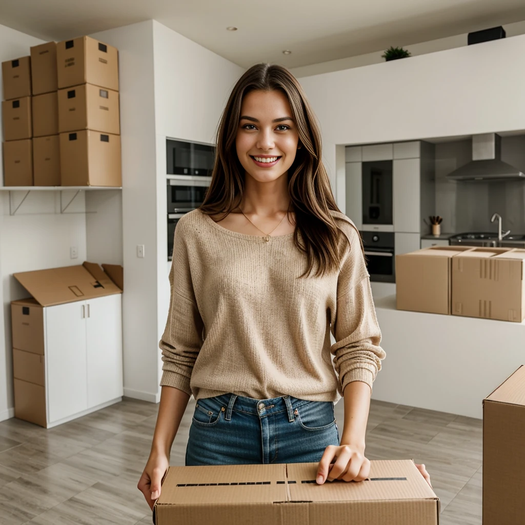 An attractive model, captured from an overhead selfie perspective, is holding a large eBay box. She smiles naturally, with loose hair and a casual chic outfit. The setting is a modern home with minimalist decor, allowing sufficient space around the model for text placement.