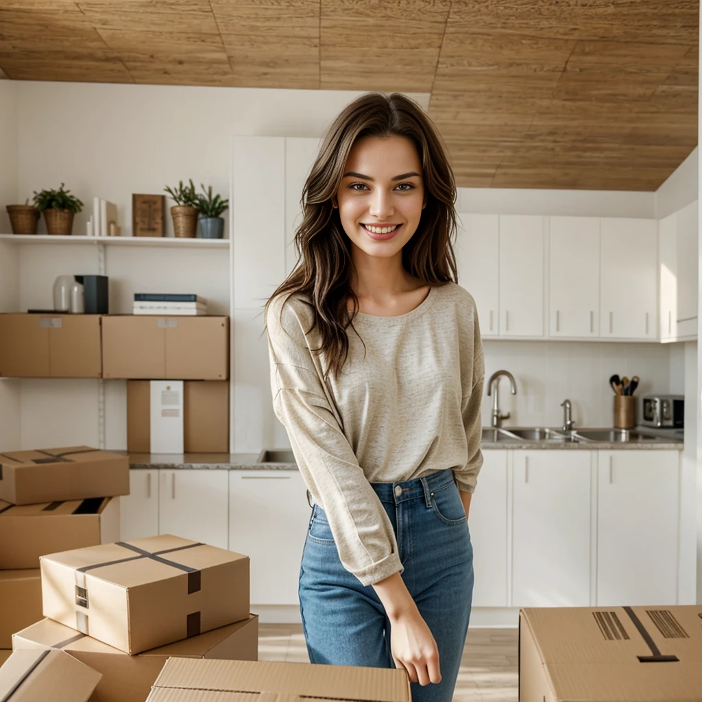 An attractive model, captured from an overhead selfie perspective, is holding a large eBay box. She smiles naturally, with loose hair and a casual chic outfit. The setting is a modern home with minimalist decor, allowing sufficient space around the model for text placement.